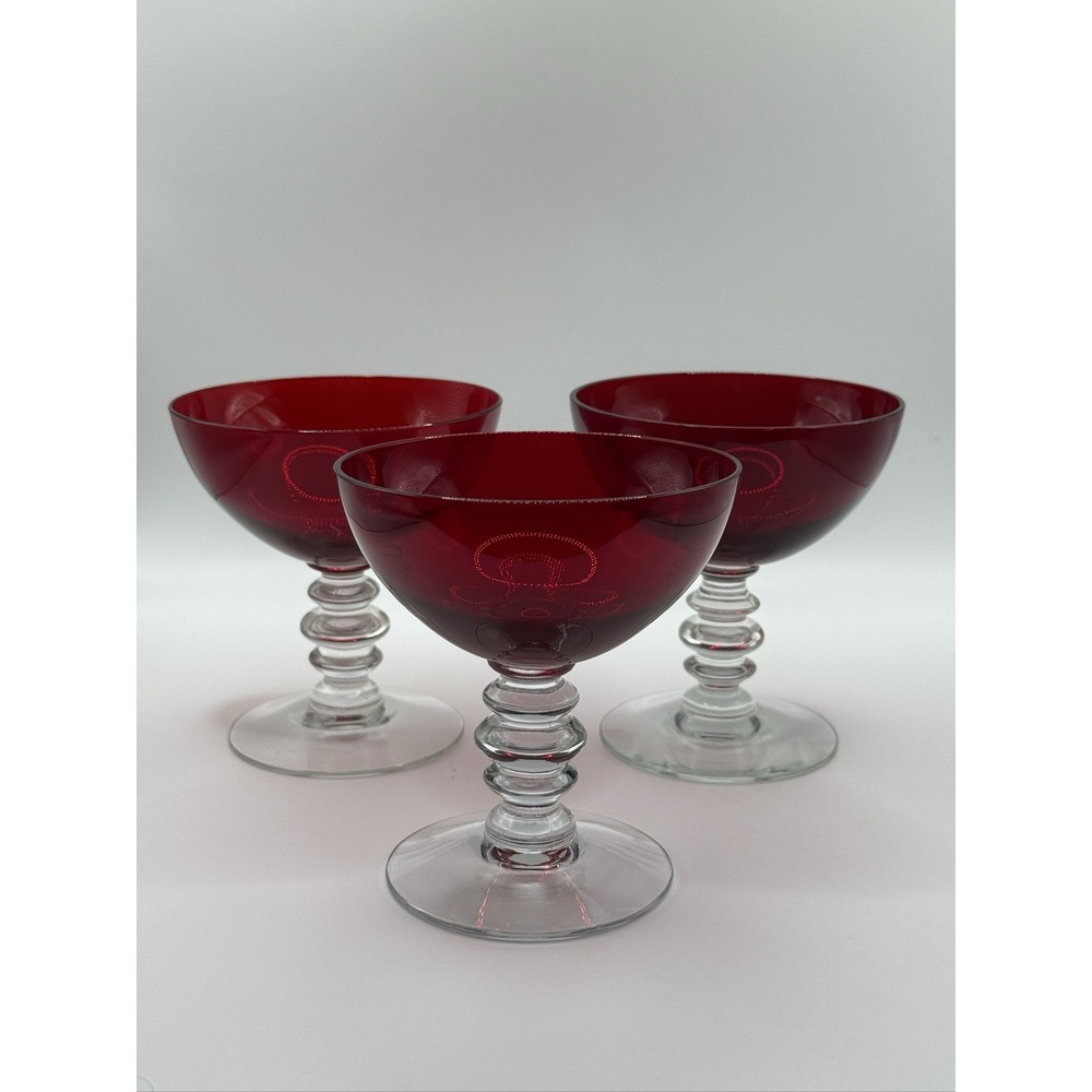 Duncan & Miller Ruby and Clear Champagne Sherbet Glasses Vintage 1950s Set of 3